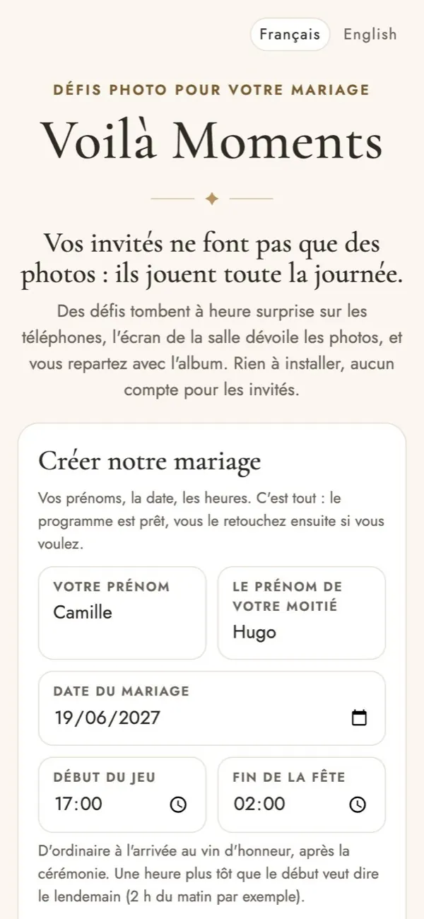 Écran de création : vos prénoms, la date du mariage, le début du jeu et la fin de la fête