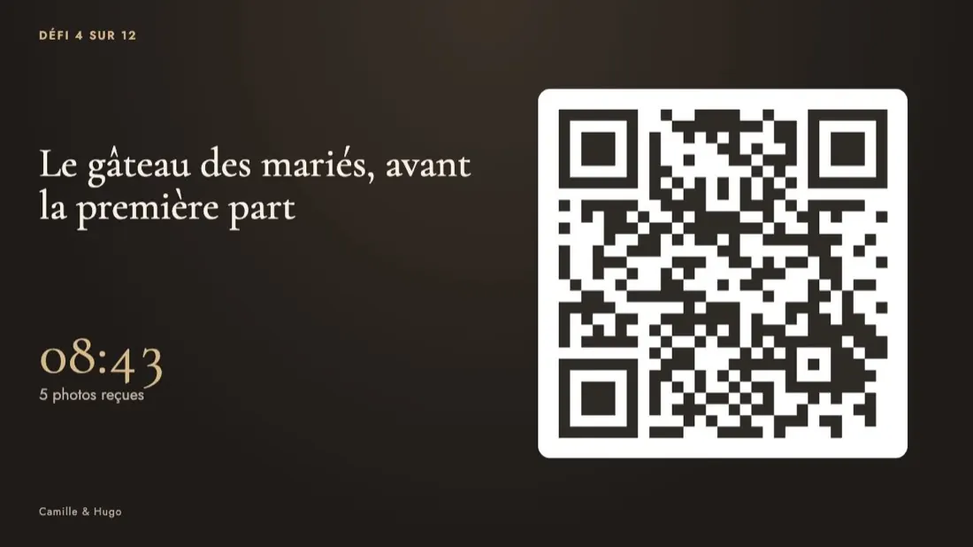 Écran de la salle : défi 4 sur 12, le gâteau des mariés, compte à rebours et QR code