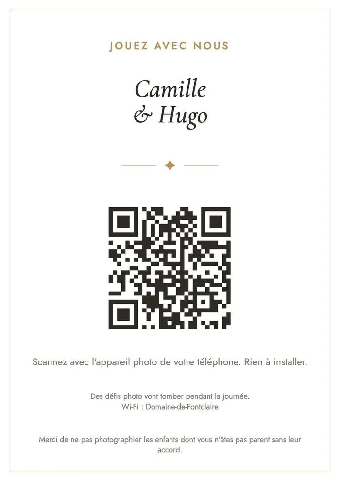 Carte de table A6 : jouez avec nous, Camille et Hugo, QR code, rien à installer